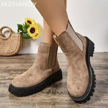 Модные замшевые женские зимние ботинки на толстой подошве, модные туфли на платформе и среднем каблуке, повседневная обувь 2024 года, зимнее новое брендовое повседневное платье Zapatillas Mujer 35 чёрный