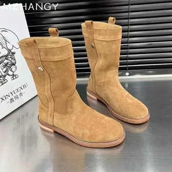 модные замшевые женские зимние сапоги средней высоты на плоской подошве модная обувь женская 2025 трендовые зимние ботинки челси готические новые женские короткие ботинки 35 коричневый