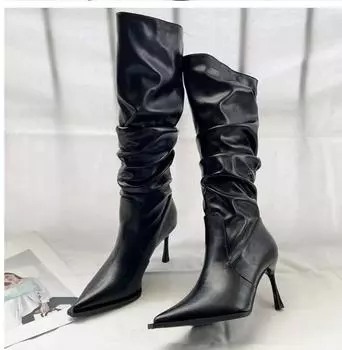 Модные заостренные плиссированные высокие сапоги-бочонки женские модные тонкие каблуки с набором сапоги высокие каблуки до колена длинные сапоги-бочонки 2024 ОБУВЬ 35 бежевый