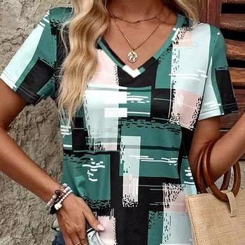 Модные зеленые квадратные блузки с принтом, короткие рукава, V-образный вырез, футболки, повседневные XS зелёный