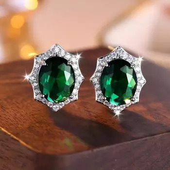Модные зеленые серьги-гвоздики овальной огранки с кубическим цирконием для женщин, блестящие свадебные серьги, ювелирные изделия, подарок на юбилей, вечеринку серебряный/зелёный