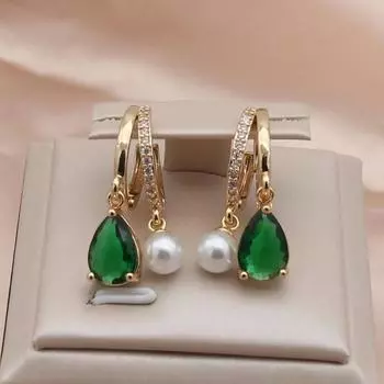 Модные зеленые серьги-капли с цирконием для женщин, модные серьги с искусственным жемчугом, ювелирные изделия, аксессуары для вечеринок золотой