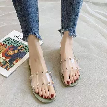 Модные зеленые туфли на плоской подошве с открытым носком, лето 2024, прозрачные туфли, женские тапочки и сандалии, прозрачные шлепанцы, повседневная натуральная кожа, тренд 36