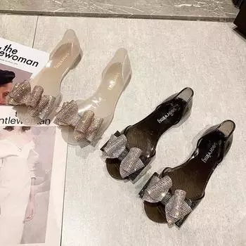 Модные желейные туфли, пластиковые сандалии 2024 года, женские туфли на плоской подошве с открытым носком и стразами, пляжные туфли с бантом, модные прозрачные сандалии для отдыха на море 34 чёрный