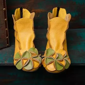 Модные желтые кожаные сапоги Guenine Flower 2024 года, ботильоны из мягкой натуральной кожи, туфли для мам 2024 года, классические ботильоны в стиле ретро с массивным ремешком CN35 (foot 22.5cm)