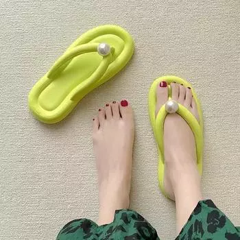 Модные жемчужные мягкие шлепанцы для женщин летние шлепанцы с перемычкой между пальцами на платформе, подушки-слайды, женские легкие нескользящие пляжные тапочки, сандалии 36-37