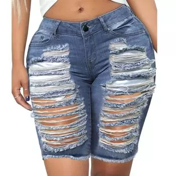 Модные женские эластичные джинсы с карманами, джинсовые брюки, повседневные шорты с дыркой внизу M синий