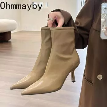 Модные женские эластичные короткие сапоги с острым носком, модные узкие ботильоны с боковыми молниями, высокие каблуки 2024 года, новая осенне-зимняя женская обувь 35 бежевый