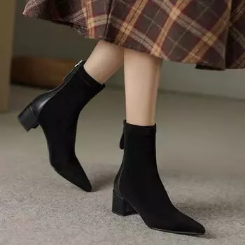 Модные женские эластичные сапоги 2024 года, осень-зима, новые, заостренные, из замши телесного цвета, с нескользящей молнией сзади, на высоком каблуке, модные сапоги Botas Mujer 34 чёрный