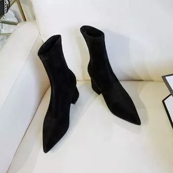 модные женские эластичные современные сапоги сапоги модные короткие ботильоны с острым носком женские элегантные туфли на толстом каблуке Botas Mujer 35