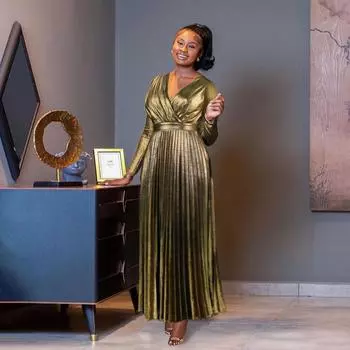 Модные женские элегантные длинные рукава плиссированные невесты подружки невесты свадебные макси длинные платья вечерние платья S золотой