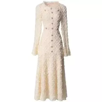 Модные женские элегантные платья Трехмерный цветочный квадратный вырез Длинный рукав Платье в стиле принцессы Новое S бежевый