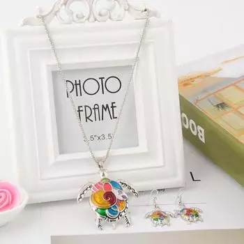 Модные женские эмалированные черепахи кулон-цепочка, ожерелье, серьги с крючками, комплект ювелирных изделий золотистый