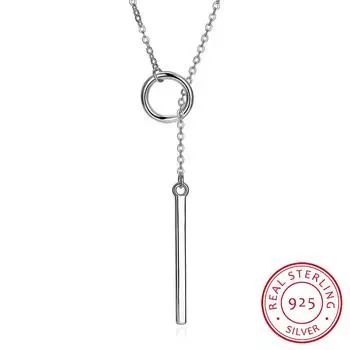 Модные женские аксессуары 925 пробы стерлингового серебра бар круг лариат ожерелье женщины длинная полоса кулон ожерелья ювелирные изделия 45cm