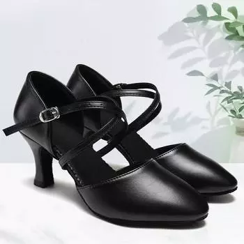 Модные женские бальные вечерние туфли для латиноамериканского танго, чачи, вальса, кожаные танцевальные туфли на высоком каблуке с закрытым носком, высота каблука 7 см 34 чёрный