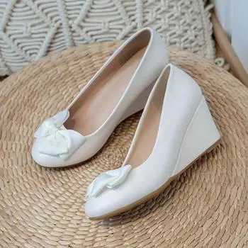 Модные женские балетки с бантом, черные женские туфли на танкетке для работы в офисе, туфли-лодочки из ткани, сладкие мокасины, женские туфли на танкетке для беременных 33 бежевый