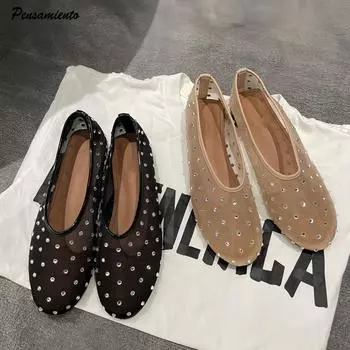 Модные женские балетки с кристаллами, сетчатые танцевальные туфли на плоской подошве, повседневные мокасины для вождения и ходьбы, эспадрильи, женские туфли без застежек 35 абрикосовый