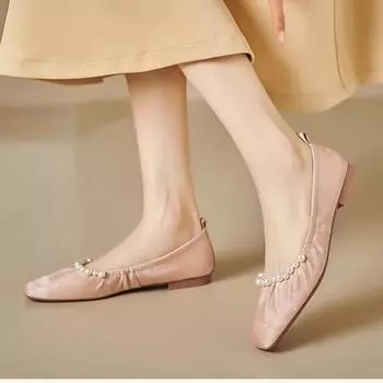 Модные женские балетки с квадратным носком и низким каблуком, с отделкой из жемчуга в стиле ретро, на мягкой подошве, без застежек, женские лоферы на плоской подошве 35 синий