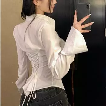 Модные женские бандажные рубашки уличная узкая блузка весенняя повседневная белая рубашка с рукавами-колокольчиками XL белый