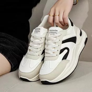 Модные женские белые кроссовки: Осенняя мода, повседневная, на толстой подошве, универсальная спортивная обувь EU 39 чёрный/бежевый