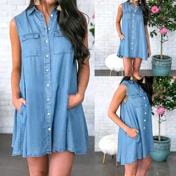 Модные женские бестселлеры цветных повседневных свободных сексуальных платьев-рубашек с жилетом L синий