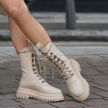 Модные женские бежевые кожаные женские ботинки на толстой подошве