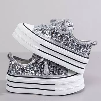 Модные женские блестящие парусиновые туфли, женские кроссовки на платформе, женские кружевные толстые повседневные кроссовки, корейский дизайн, уличная обувь для скейтбординга 35 серебряный