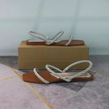 модные женские блестящие сандалии на плоской подошве с квадратным носком и блестящими тонкими полосками из сломанного бриллианта, летние туфли для женщин, удобные повседневные тапочки 37 золотой