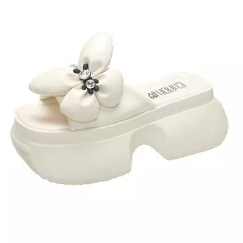 Модные женские блестящие тапочки 7 см, новинка 2024 года, женские сандалии на высоком каблуке, женские пляжные шлепанцы на платформе с кристаллами, массивные шлепанцы для женщин 34 бежевый