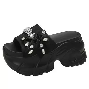 Модные женские блестящие толстые тапочки 9 см, летние женские пляжные шлепанцы, босоножки на танкетке, женские кожаные туфли на высокой платформе 34 чёрный