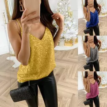 Модные женские блестящие топы на бретельках, женские сексуальные майки на бретельках, клубная одежда L синий