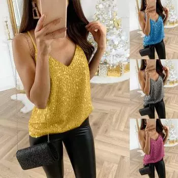 Модные женские блестящие топы на бретельках, женские сексуальные майки на бретельках, клубная одежда M синий