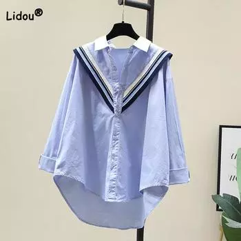 Модные женские блузки 2022, весенне-осенняя рубашка на пуговицах с воротником-поло в стиле пэчворк, полосатая вязаная рубашка с длинным рукавом, свободная асимметрия, универсальная рубашка L белый