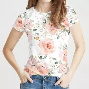Модные женские блузки 2024, футболка женская с 3d цветочным принтом, белая футболка Kawaii с круглым вырезом, женская одежда, летние топы большого размера, футболка XS