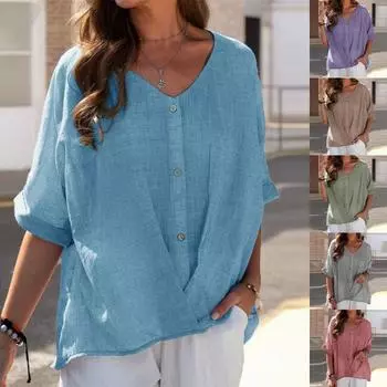 Модные женские блузки больших размеров, повседневные льняные топы с V-образным вырезом, футболки S синий