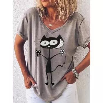 Модные женские блузки, футболка, женская футболка с 3d принтом кошек, черная кавайная футболка с v-образным вырезом, женская одежда, летние топы больших размеров, футболки M
