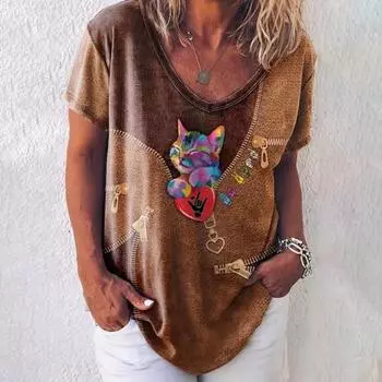 Модные женские блузки, футболка, женская футболка с 3d принтом кошек, черная кавайная футболка с v-образным вырезом, женская одежда, летние топы больших размеров, футболки S