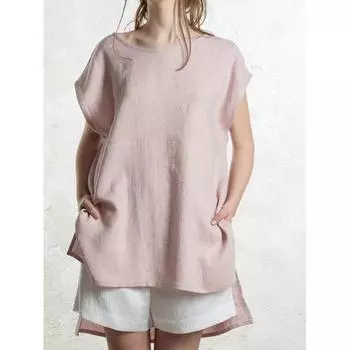 Модные женские блузки и топы из хлопка и льна, летняя повседневная рубашка с коротким рукавом и круглым вырезом, однотонная офисная женская блузка 24667 S чёрный