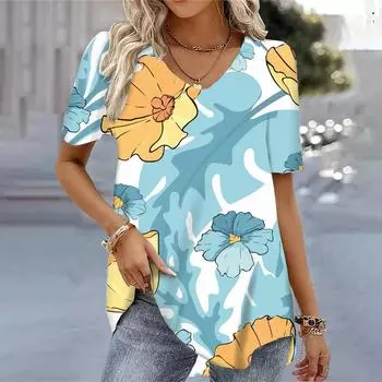 Модные женские блузки с V-образным вырезом и короткими рукавами с 3D-принтом в виде листьев растений, графические женские футболки S