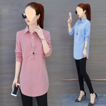 Модные женские блузки весна-осень в стиле с длинным рукавом в полоску женские длинные рубашки элегантные женские повседневные топы DF3415 XXXXXL синий