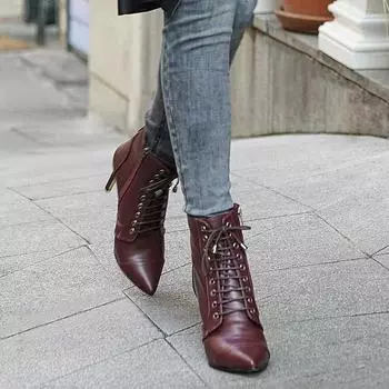 Модные женские бордовые красные кожаные туфли на шнуровке и каблуке с застежкой-молнией Женские сапоги