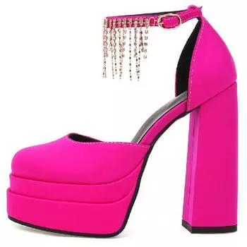 Модные женские босоножки большого размера 48, атласные, летние, роскошные, сексуальные, на толстом высоком каблуке, черные, красные, розовые, на платформе, танцевальные туфли-лодочки, женские 34 чёрный