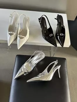 Модные женские босоножки из лакированной кожи с острым носком, черные, белые, серебристые, летние туфли на тонком высоком каблуке, с ремешком сзади, размер 35-39 5.5 чёрный