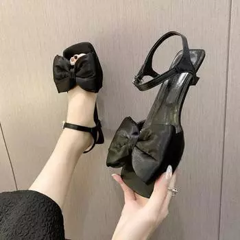 модные женские босоножки лето 2024 года с бантом на низком толстом каблуке женская обувь мода открытый носок однотонные элегантные платья каблук босоножки женские 35 чёрный