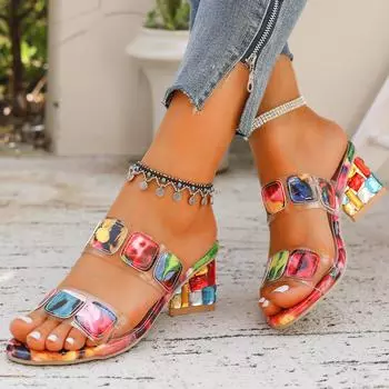 Модные женские босоножки на каблуках, цветные туфли со стразами на толстом каблуке, женские босоножки с открытым носком и средним каблуком, стильные повседневные босоножки Sandalias De Mujer 35