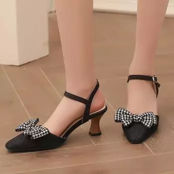 Модные женские босоножки на каблуках, модная летняя обувь для женщин 2024 года, милые черные серые туфли на каблуке с бантом для вечеринок, танцев, свадеб, в стиле Лолиты, для женщин 34 чёрный