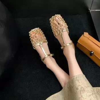 Модные женские босоножки на низком каблуке, дизайнерские летние туфли 2024 года, роскошное платье, новые брендовые сетчатые туфли на каблуке с открытой пяткой, сексуальные повседневные туфли-лодочки Zapatos Mujer 35 золотой