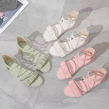 Модные женские босоножки на низком каблуке с ремешком 2024 Лето Большие размеры с открытым носком для девочек Низкий каблук Закрытые гладиаторы Бежевый Новый дизайнер 34 белый