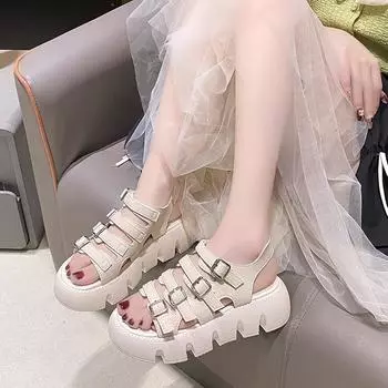 Модные женские босоножки на платформе с открытым носком и ремешком на щиколотке, повседневная летняя женская обувь из натуральной кожи 35 бежевый