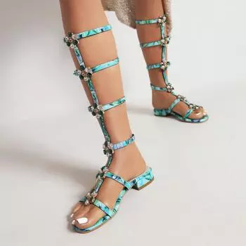 Модные женские босоножки на плоской подошве, лето 2024, роскошные туфли с кристаллами для женщин, модные тапочки с ремешками, шлепанцы, обувь для вечеринок, большой размер 45 34 синий